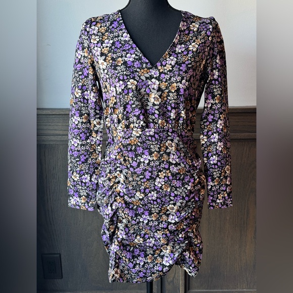 Vero Moda v-neck long sleeve black and purple floral ruched dress nwt small - Picture 2 of 10
